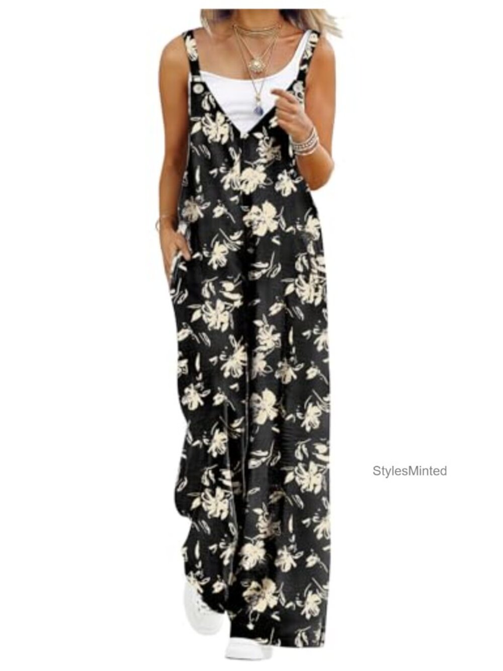 YESNO Rayon Cotton Wide Leg Jumpsuit Sleeveless Casual Romper with Pockets